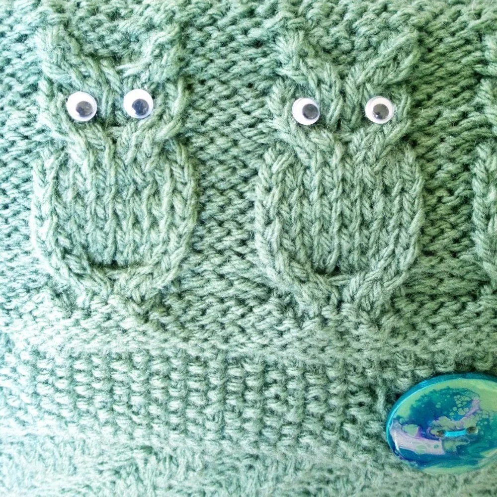 Hand Crafted Pillow Knit Sage Green Owl Googly Eye Hand Painted Button H…